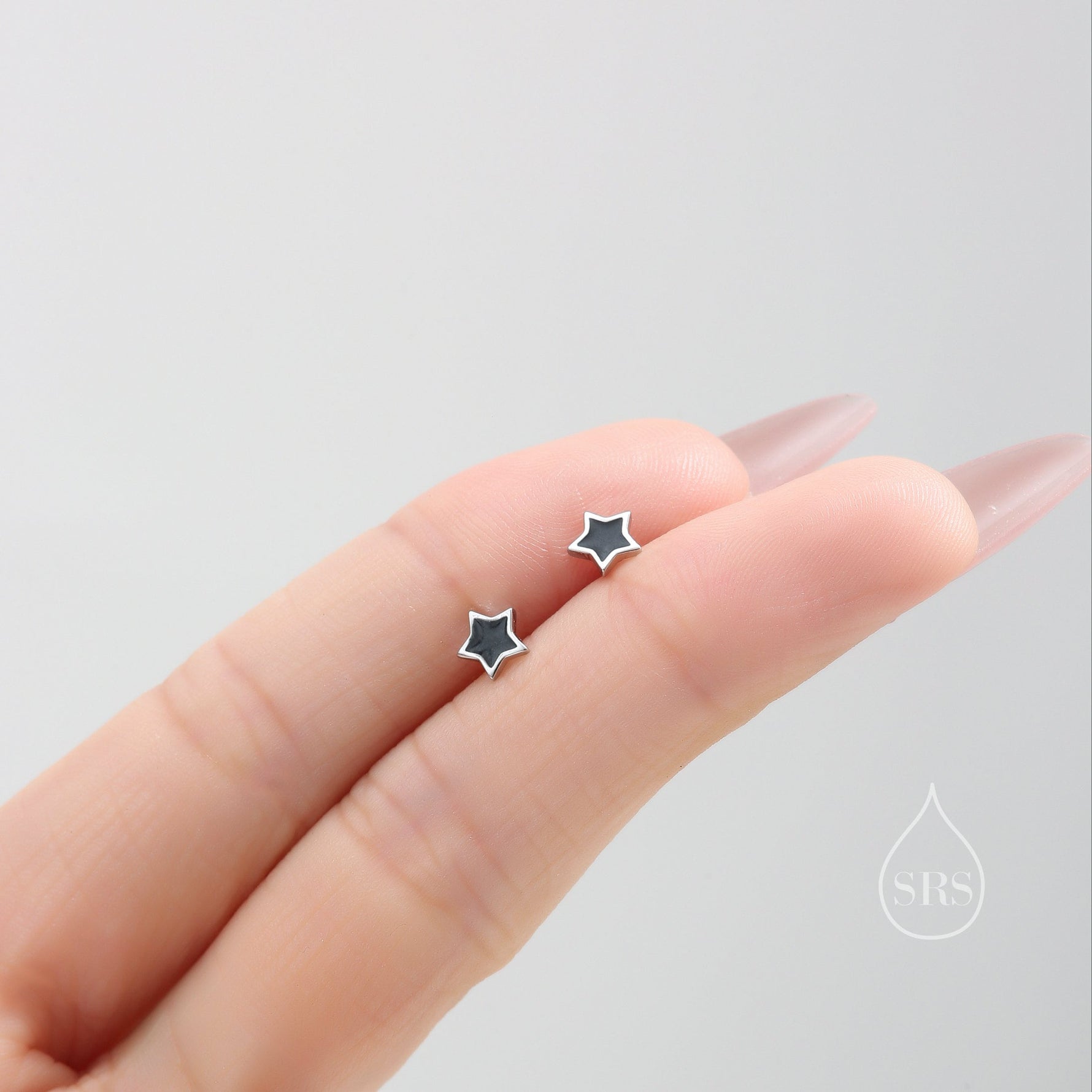 Tiny Black Enamel Star Stud Earrings in Sterling Silver, Silver or Gold, Black Star Earrings, Tiny and Delicate