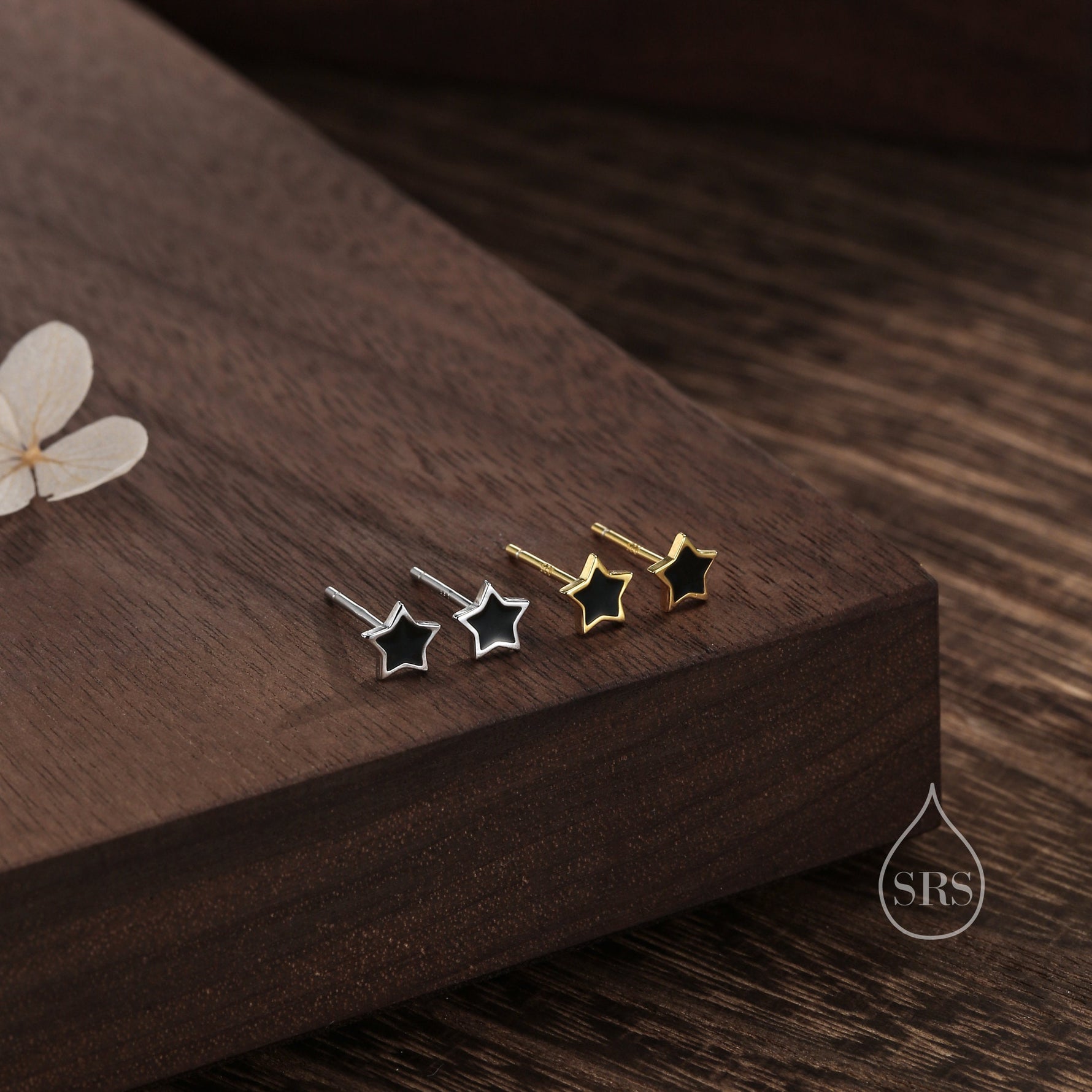 Tiny Black Enamel Star Stud Earrings in Sterling Silver, Silver or Gold, Black Star Earrings, Tiny and Delicate