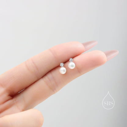 Tiny Genuine Pearl and CZ Stud Earrings in Sterling Silver, Silver or Gold, Natural Pearl Earrings, Freshwater Pearl Earrings, Pearl Stud