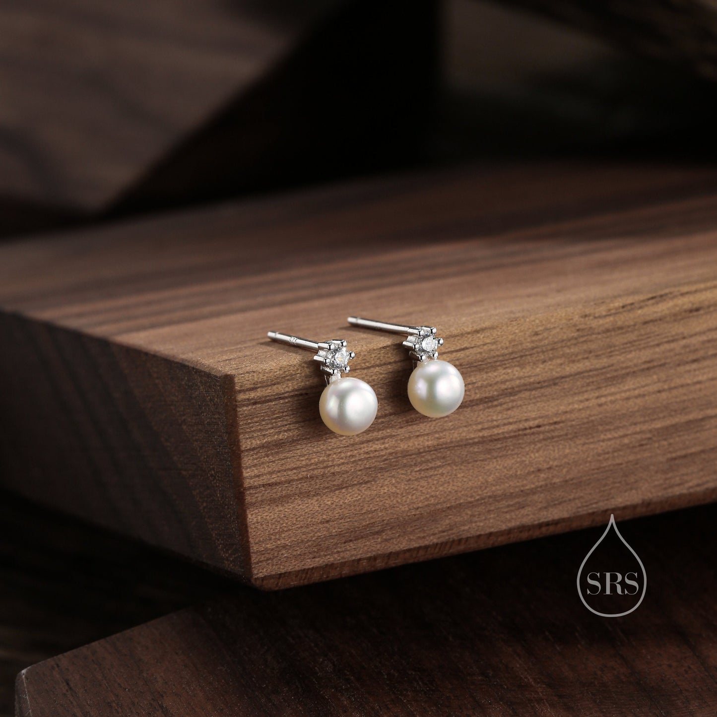 Tiny Genuine Pearl and CZ Stud Earrings in Sterling Silver, Silver or Gold, Natural Pearl Earrings, Freshwater Pearl Earrings, Pearl Stud