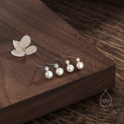 Tiny Genuine Pearl and CZ Stud Earrings in Sterling Silver, Silver or Gold, Natural Pearl Earrings, Freshwater Pearl Earrings, Pearl Stud