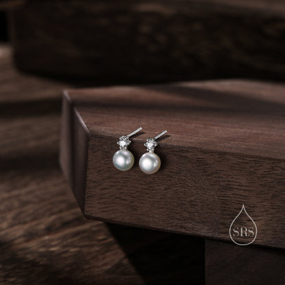 Tiny Genuine Pearl and CZ Stud Earrings in Sterling Silver, Silver or Gold, Natural Pearl Earrings, Freshwater Pearl Earrings, Pearl Stud