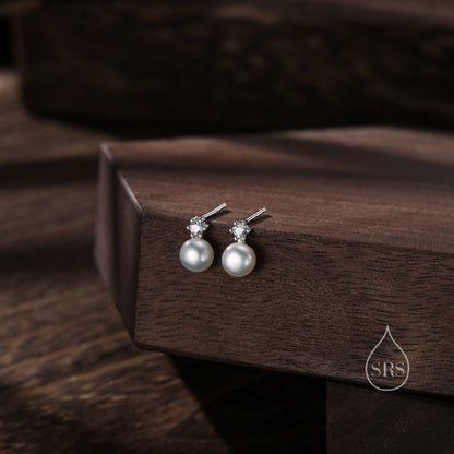 Tiny Genuine Pearl and CZ Stud Earrings in Sterling Silver, Silver or Gold, Natural Pearl Earrings, Freshwater Pearl Earrings, Pearl Stud