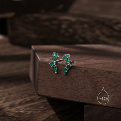 Emerald Green CZ Cluster Stud Earrings in Sterling Silver, Silver or Gold, Green Marquise Earrings, CZ Wing Earrings, Mini Crawler