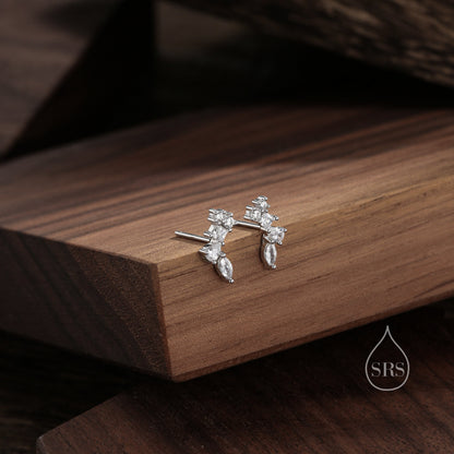 Clear CZ Cluster Stud Earrings in Sterling Silver, Silver or Gold, Geometric Marquise Cluster Earrings, CZ Wing Earrings, Mini Crawler