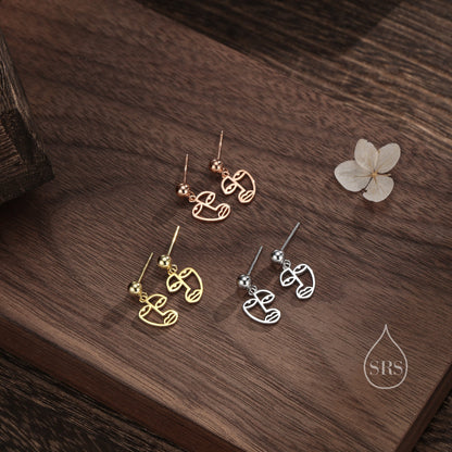 Art Inspired Asymmetric Face Drop Stud Earrings in Sterling Silver, Silver, Gold or Rose Gold, Face Earrings