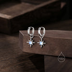 Moonstone Starburst Huggie Hoop Earrings in Sterling Silver, Moonstone North Star Drop Earrings, Delicate Moonstone Star Earrings