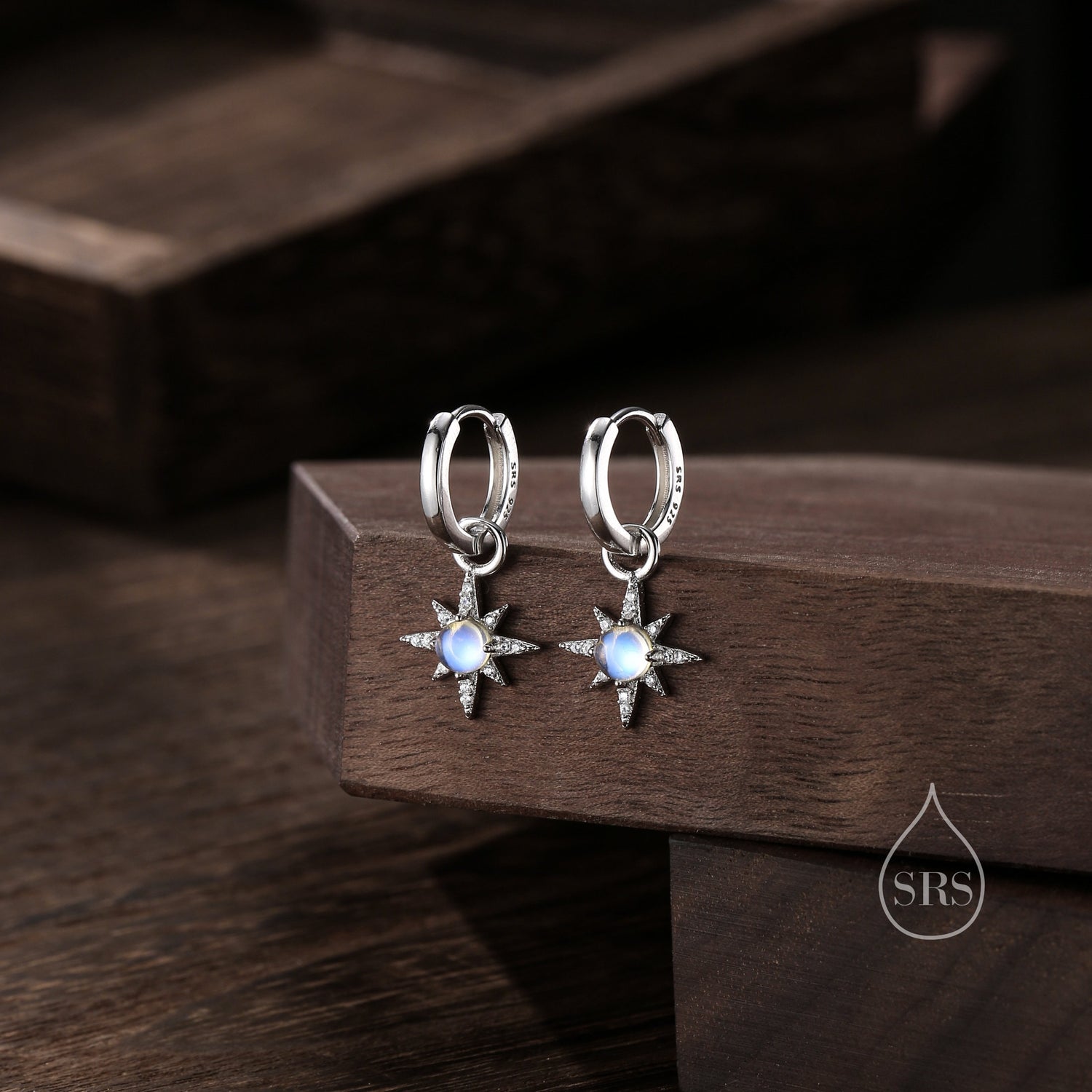 Moonstone Starburst Huggie Hoop Earrings in Sterling Silver, Moonstone North Star Drop Earrings, Delicate Moonstone Star Earrings