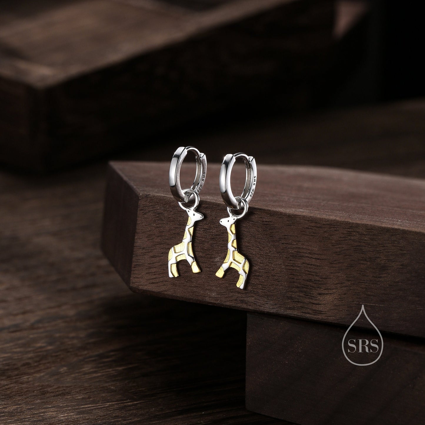 Giraffe Huggie Hoop Earrings in Sterling Silver, Silver and Gold Two Tone Finish, Giraffe Dangle Earrings, Detachable and Interchangeable