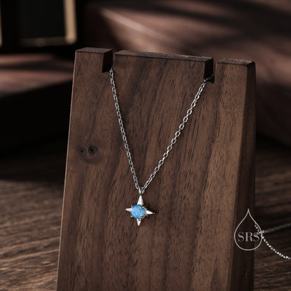 Tiny Blue Opal Star Pendant Necklace in Sterling Silver, Silver or Gold, Aurora Four Point Star Necklace, Lab Opal Star Necklace