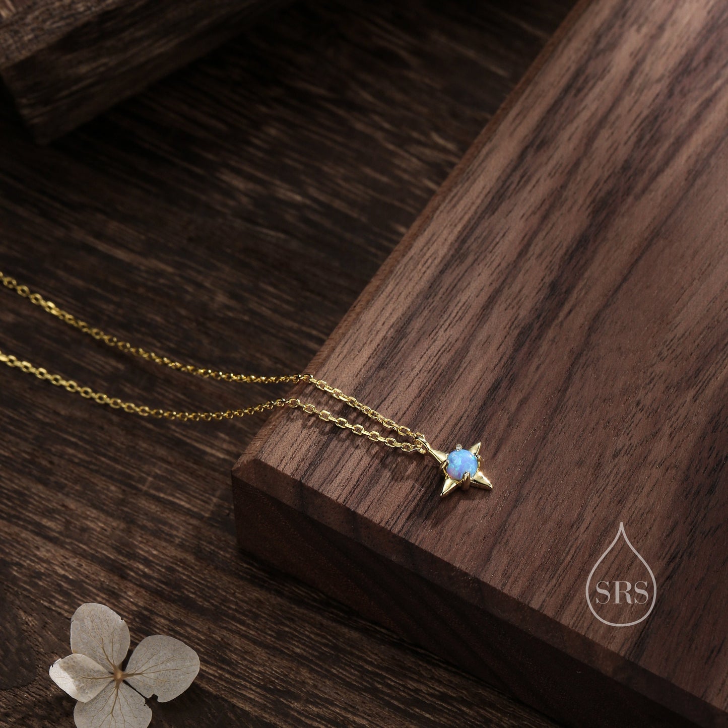 Tiny Blue Opal Star Pendant Necklace in Sterling Silver, Silver or Gold, Aurora Four Point Star Necklace, Lab Opal Star Necklace