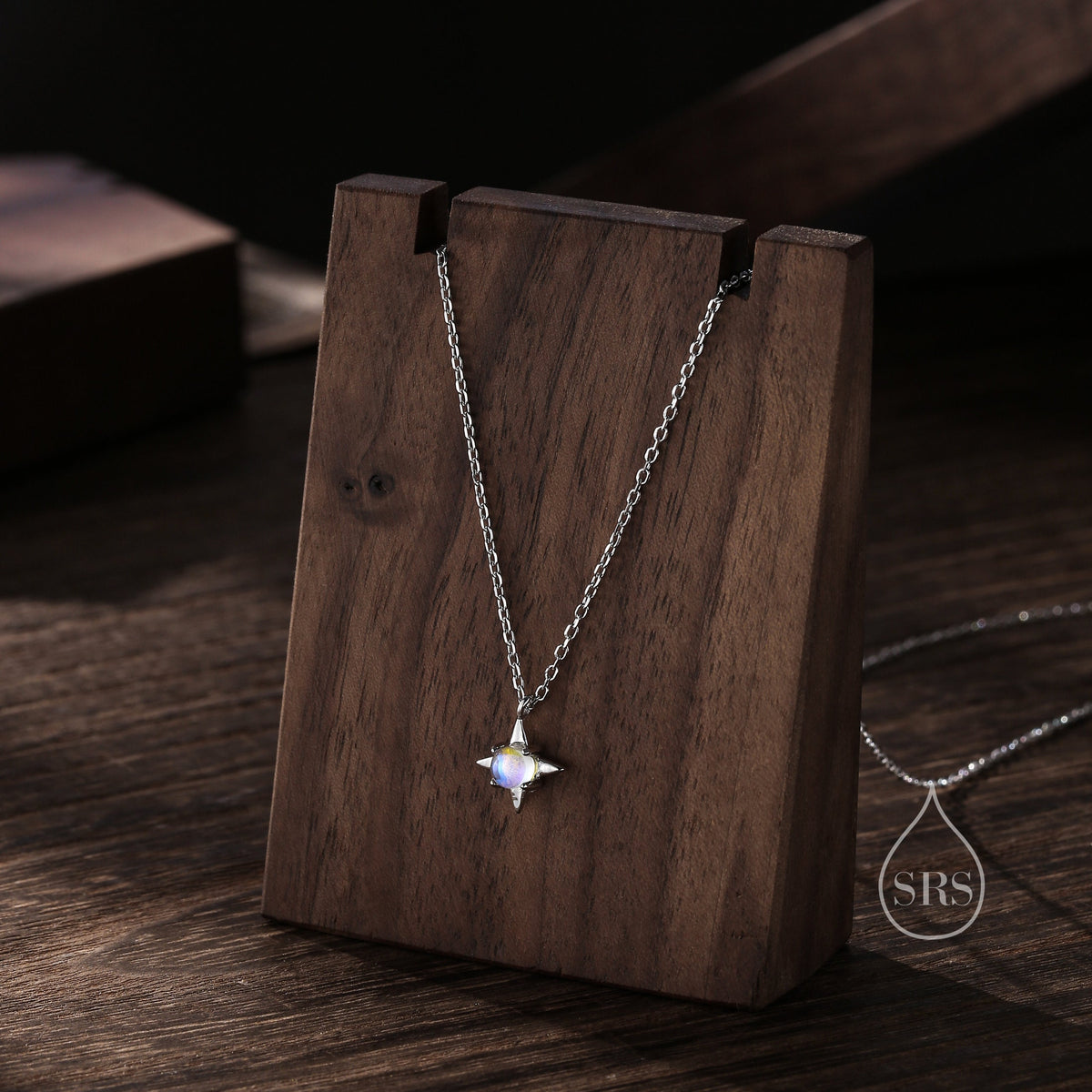 Tiny Moonstone Star Pendant Necklace in Sterling Silver, Silver or Gold, Aurora Four Point Star Necklace, Moonstone Star Necklace, Starburst