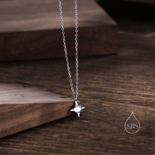 Tiny Moonstone Star Pendant Necklace in Sterling Silver, Silver or Gold, Aurora Four Point Star Necklace, Moonstone Star Necklace, Starburst