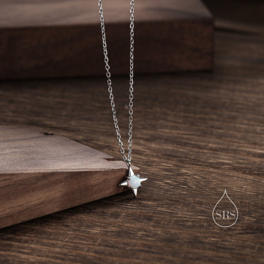 Tiny White Opal Star Pendant Necklace in Sterling Silver, Silver or Gold, Aurora Four Point Star Necklace, Lab Opal Star Necklace, Starburst