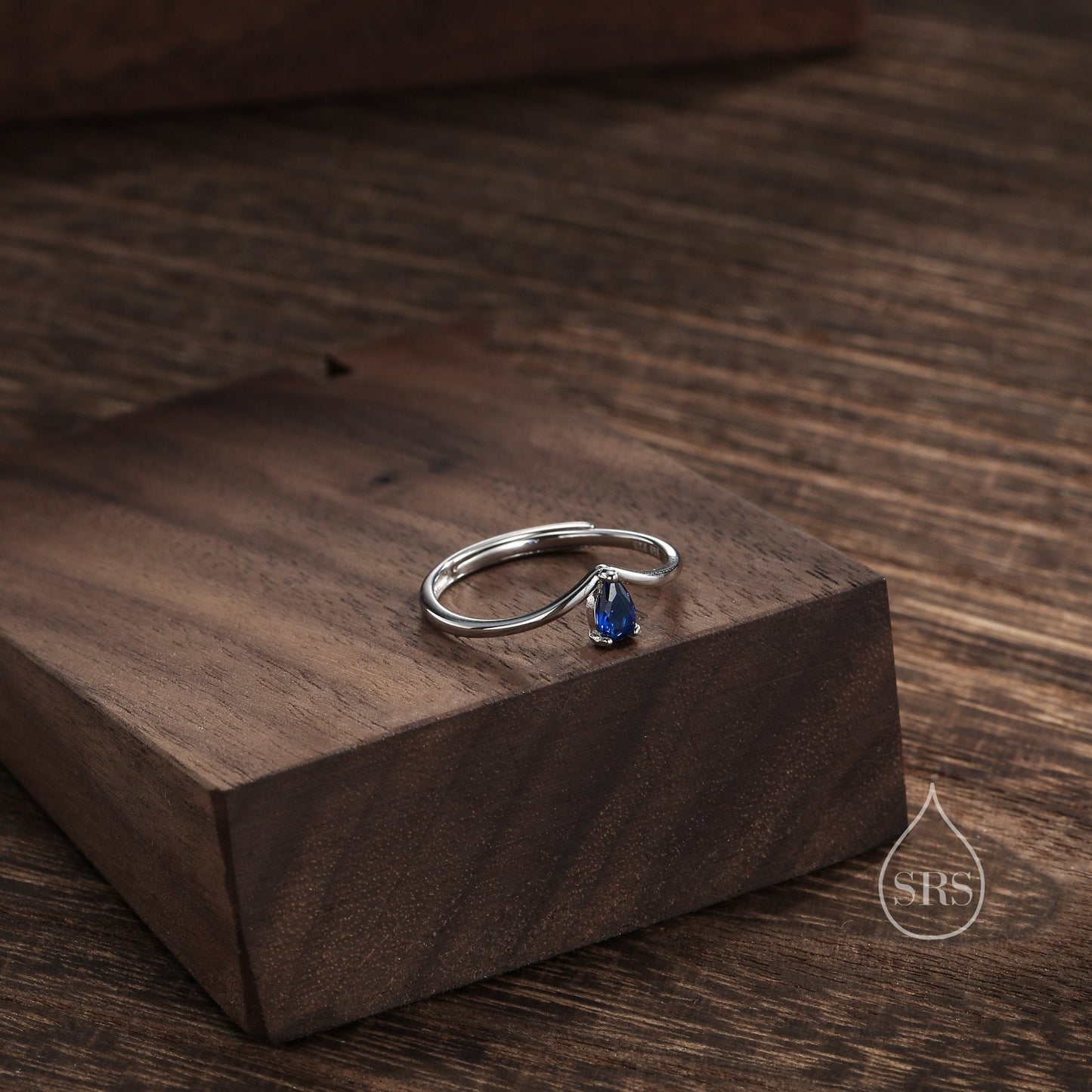 Created Blue Sapphire Droplet Chevron Ring in Sterling Silver,  3x5mm, Prong Set Pear Cut V Ring, Adjustable Size, Blue Corundum Ring