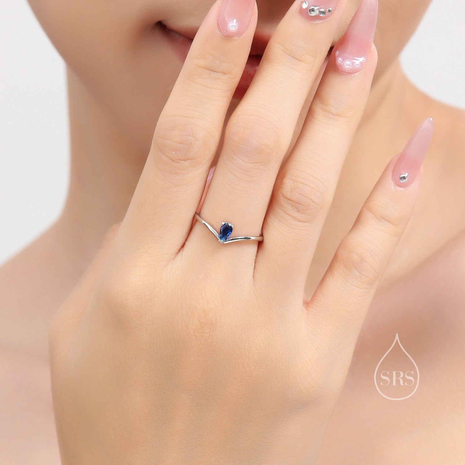 Blue Sapphire CZ Droplet Chevron Ring