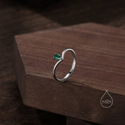 Emerald Green CZ Droplet Chevron Ring in Sterling Silver, 3x5mm, Prong Set Pear Cut V Ring, Adjustable Size, May Birthstone