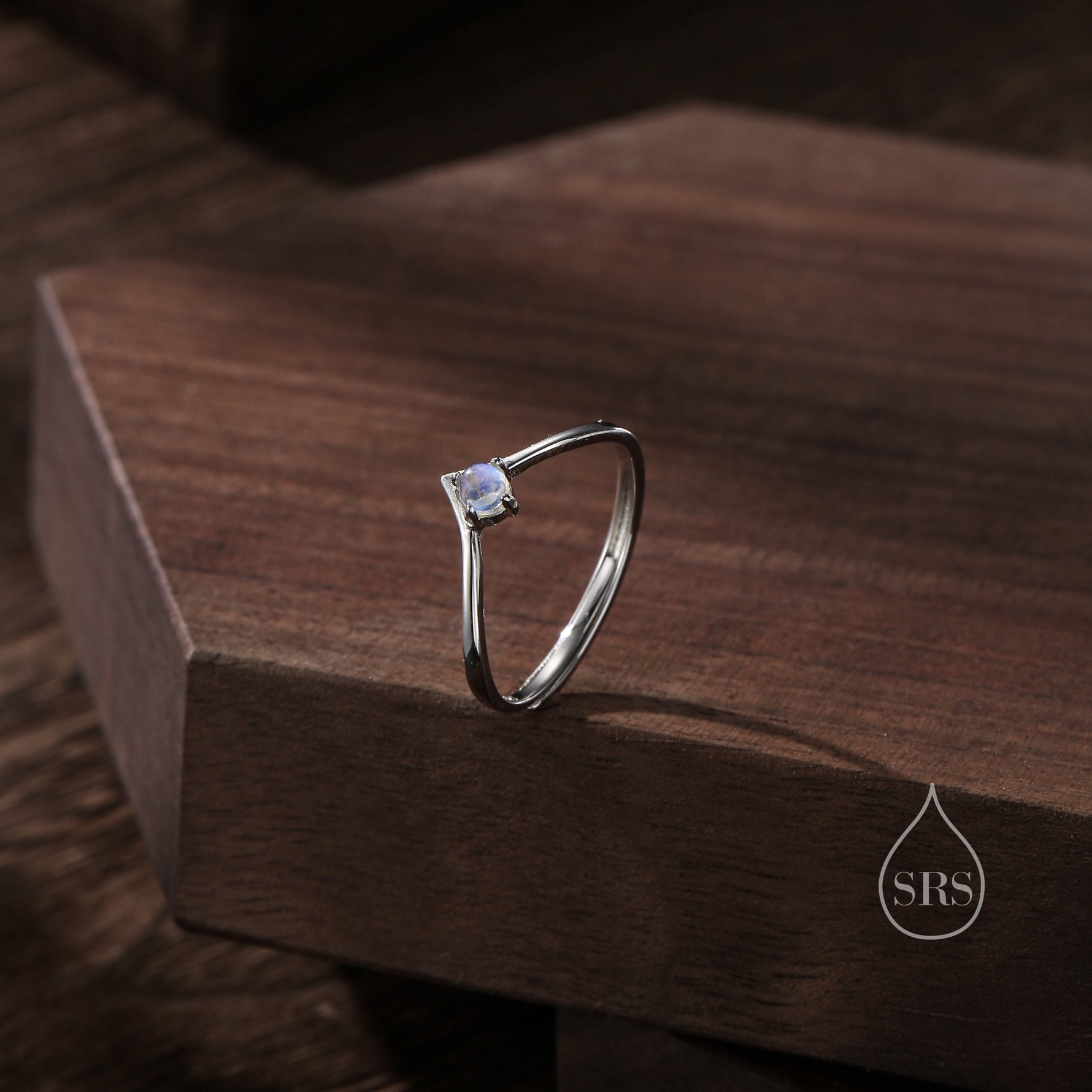 Minimalist Moonstone V Ring in Sterling Silver, 3mm Prong Set Lab Moonstone Ring, Adjustable Size Chevron Ring, Simulated Moonstone Ring