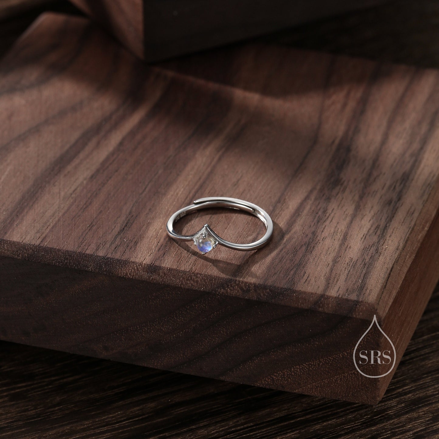 Minimalist Moonstone V Ring in Sterling Silver, 3mm Prong Set Lab Moonstone Ring, Adjustable Size Chevron Ring, Simulated Moonstone Ring