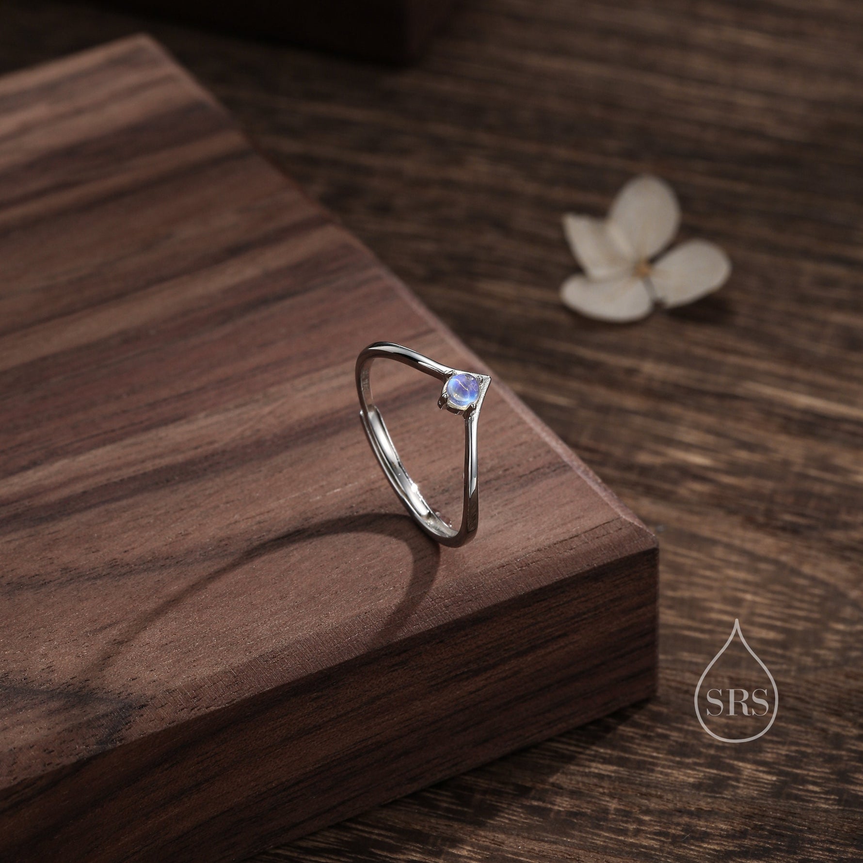 Minimalist Moonstone V Ring in Sterling Silver, 3mm Prong Set Lab Moonstone Ring, Adjustable Size Chevron Ring, Simulated Moonstone Ring