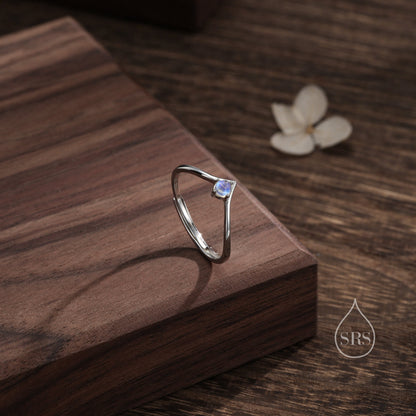 Minimalist Moonstone V Ring in Sterling Silver, 3mm Prong Set Lab Moonstone Ring, Adjustable Size Chevron Ring, Simulated Moonstone Ring