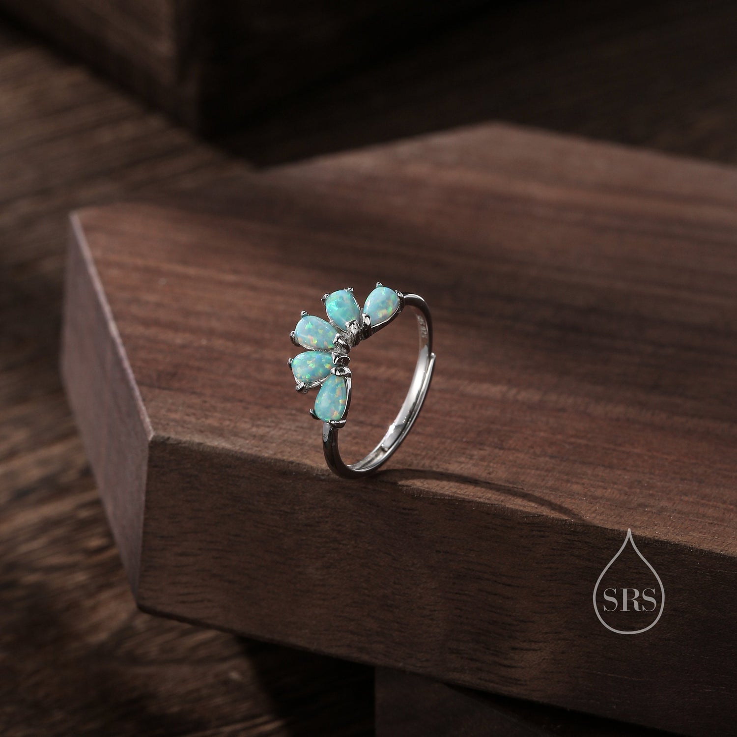 Aqua Green Opal Curved Ring in Sterling Silver, Lab Opal Tiara Ring, Adjustable Size Chevron Ring, Simulated Opal Nesting Ring