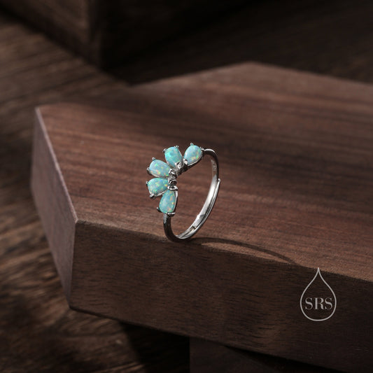 Aqua Green Opal Curved Ring in Sterling Silver, Lab Opal Tiara Ring, Adjustable Size Chevron Ring, Simulated Opal Nesting Ring