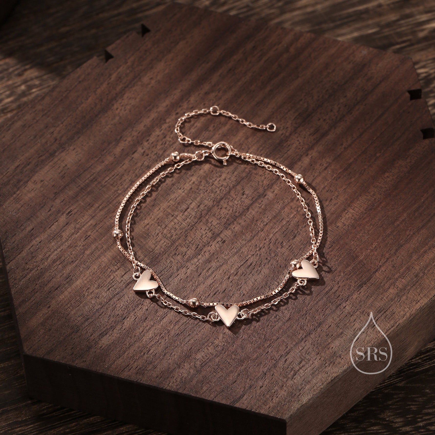 Double Layer Heart Bracelet in Sterling Silver, Silver or Gold or Rose Gold, Small Heart Bracelet, Silver Heart Bracelet, Tiny and Delicate