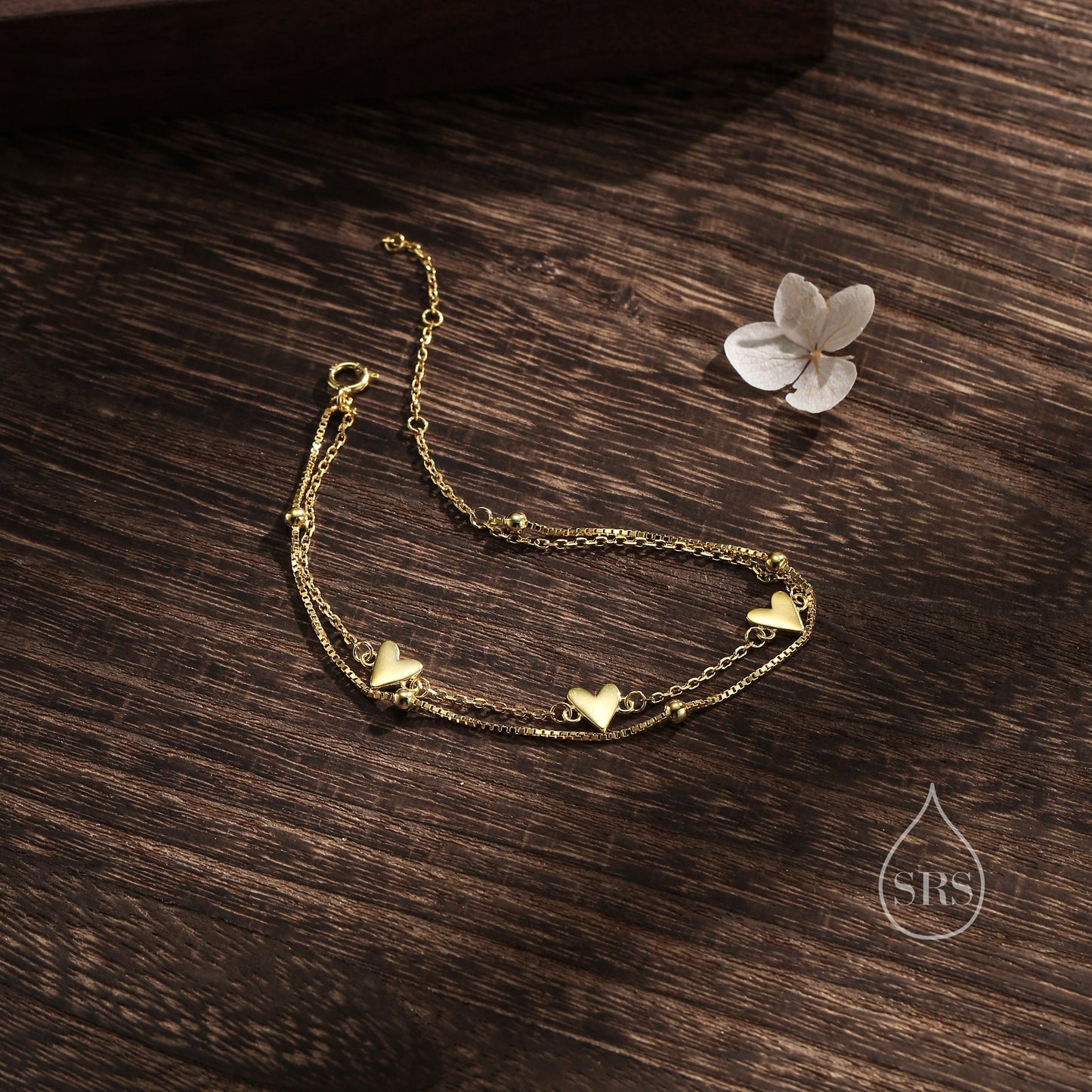 Double Layer Heart Bracelet in Sterling Silver, Silver or Gold or Rose Gold, Small Heart Bracelet, Silver Heart Bracelet, Tiny and Delicate