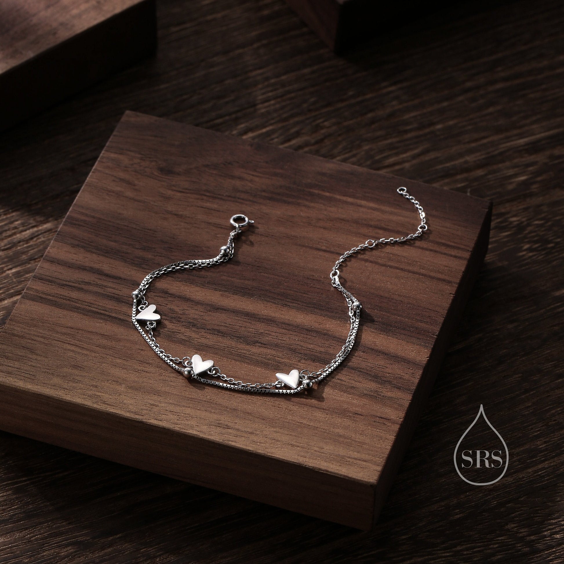 Double Layer Heart Bracelet in Sterling Silver, Silver or Gold or Rose Gold, Small Heart Bracelet, Silver Heart Bracelet, Tiny and Delicate