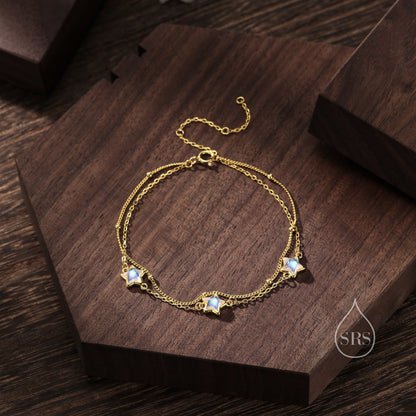 Double Layer Moonstone Star Trio Bracelet in Sterling Silver, Silver or Gold, Simulated Moonstone Star Bracelet,  Two Layer Star Bracelet