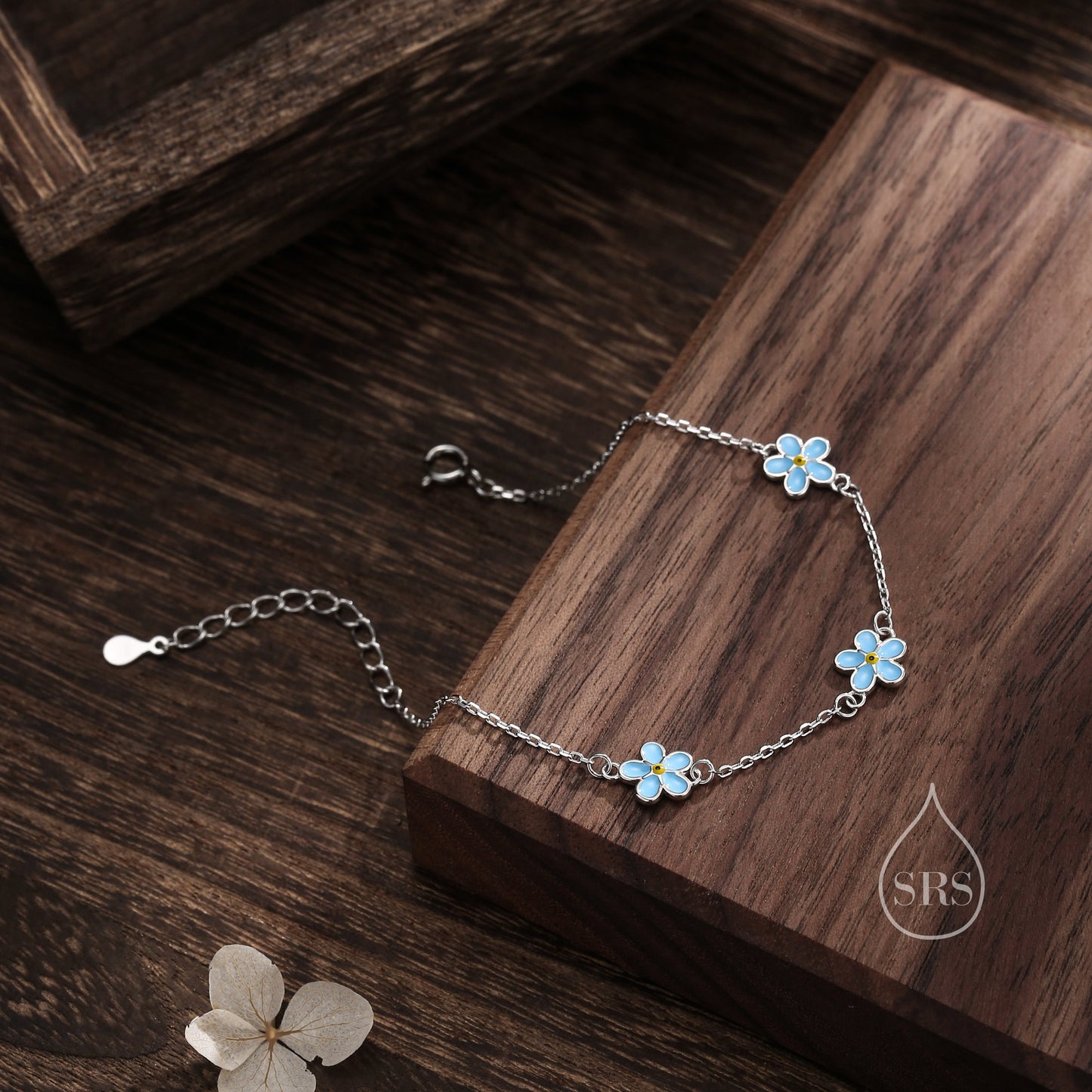 Enamel Forget Me Not Flower Motif Bracelet in Sterling Silver, Flower Bracelet, Blossom Bracelet, Forget-me-not Flower Bracelet