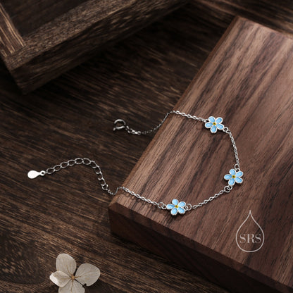 Enamel Forget Me Not Flower Motif Bracelet in Sterling Silver, Flower Bracelet, Blossom Bracelet, Forget-me-not Flower Bracelet