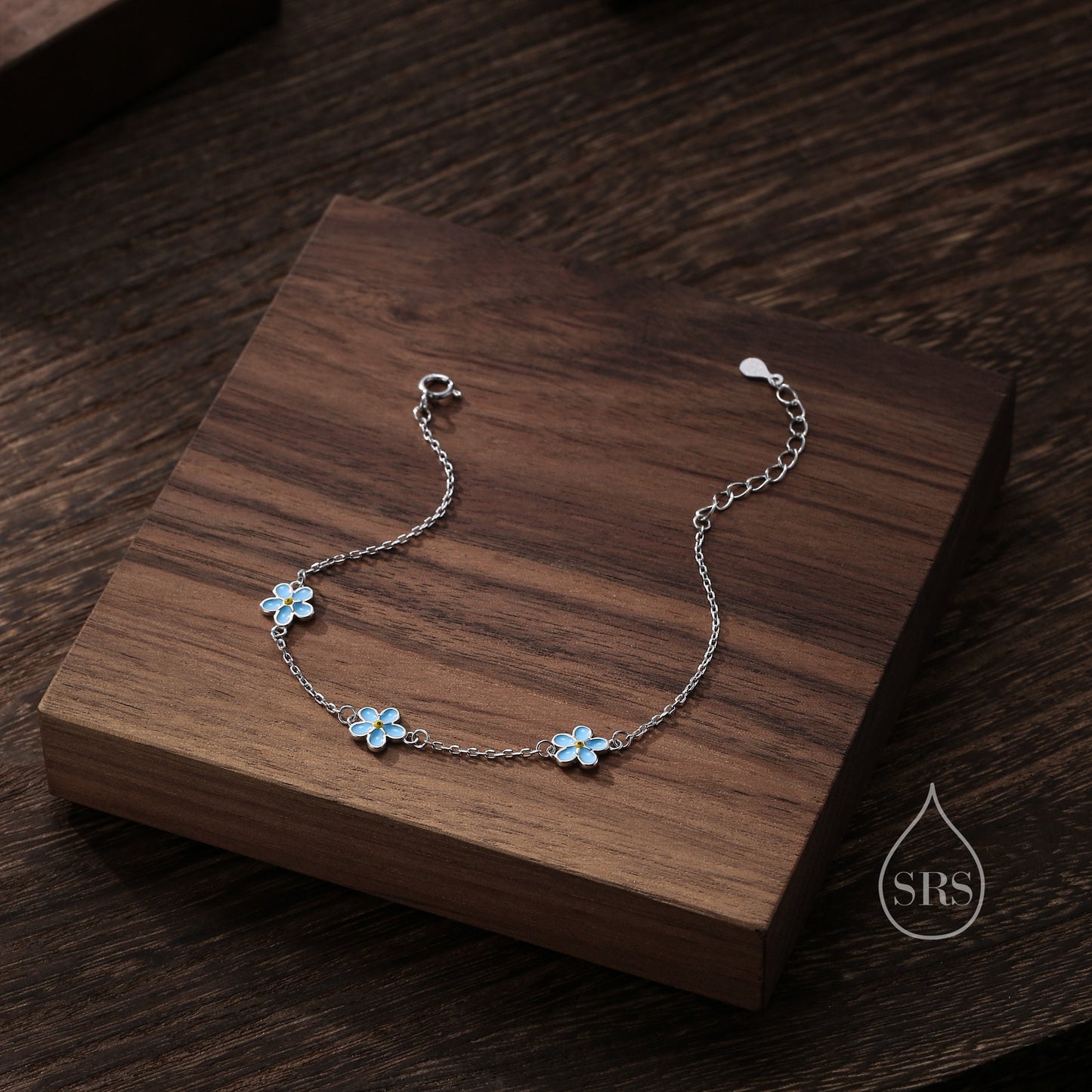 Enamel Forget Me Not Flower Motif Bracelet in Sterling Silver, Flower Bracelet, Blossom Bracelet, Forget-me-not Flower Bracelet