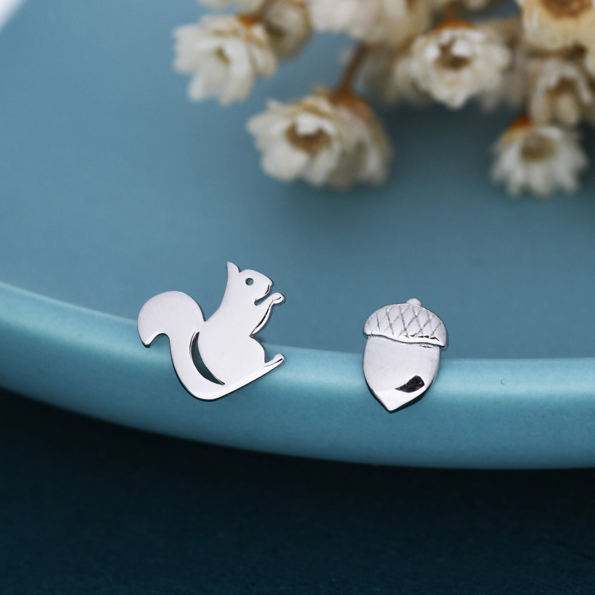 Mismatched Squirrel and Acorn Stud Earrings in Sterling Silver, Silver or Gold, Squirrel Earrings, Asymmetric Squirrel and Nut Earrings