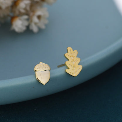 Mismatched Oak Leaf and Acorn Stud Earrings in Sterling Silver, in Silver or Gold, Nature Inspired Earrings, Asymmetric Leaf Earrings