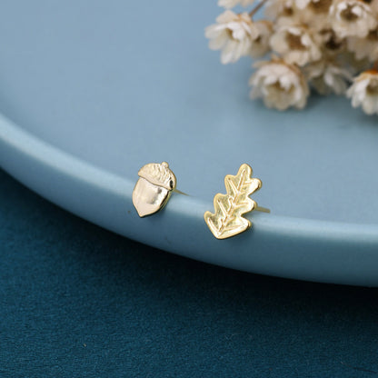 Mismatched Oak Leaf and Acorn Stud Earrings in Sterling Silver, in Silver or Gold, Nature Inspired Earrings, Asymmetric Leaf Earrings