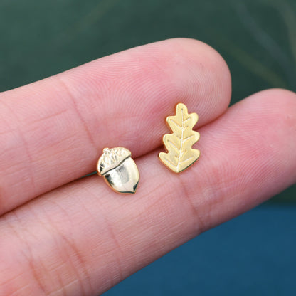 Mismatched Oak Leaf and Acorn Stud Earrings in Sterling Silver, in Silver or Gold, Nature Inspired Earrings, Asymmetric Leaf Earrings