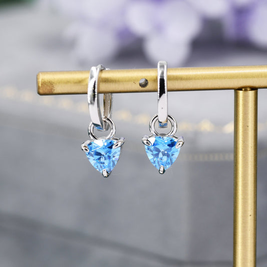 Sterling Silver Aquamarine Blue Trillion Cut CZ Hoop Earrings, Silver, Gold, Triangle Dangle Hoop Earrings, Interchangeable Charm