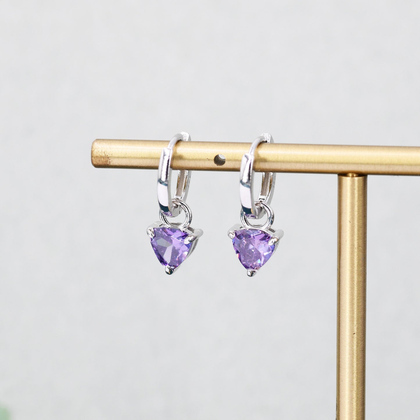 Sterling Silver Amethyst Purple Trillion Cut CZ Hoop Earrings, Silver, Gold, Triangle Dangle Hoop Earrings, Interchangeable Charm