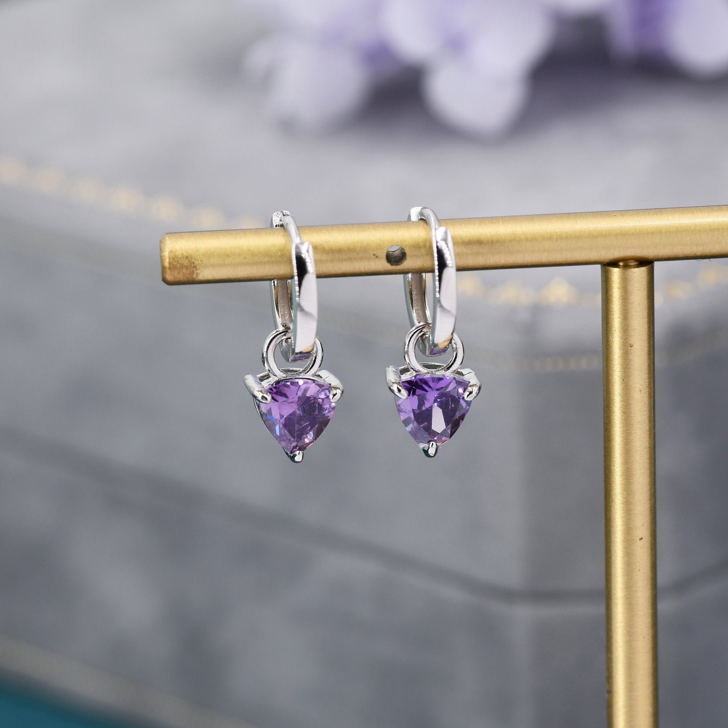 Sterling Silver Amethyst Purple Trillion Cut CZ Hoop Earrings, Silver, Gold, Triangle Dangle Hoop Earrings, Interchangeable Charm