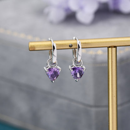 Sterling Silver Amethyst Purple Trillion Cut CZ Hoop Earrings, Silver, Gold, Triangle Dangle Hoop Earrings, Interchangeable Charm