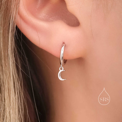 Extra Skinny Moon Dangle Huggie Hoop Earrings in Sterling Silver, Silver or Gold or Rose Gold, Moon Skinny Hoops