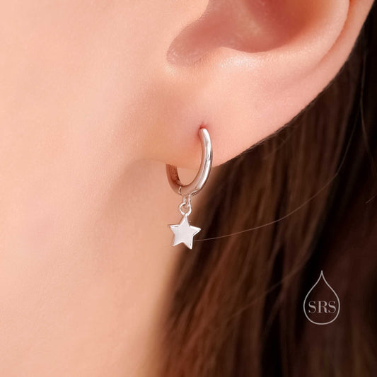 Star Dangle Huggie Hoop Earrings in Sterling Silver, Silver or Gold or Rose Gold, Delicate Star Skinny Hoops