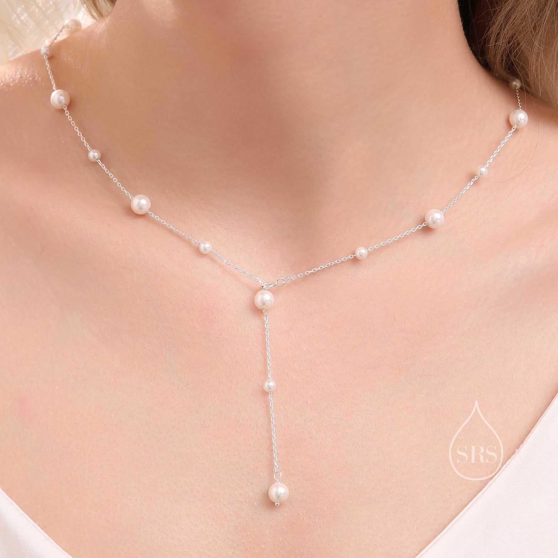 Mother of Pearl Two Way Necklace in Sterling Silver, Silver or Gold , Adjustable Length, Lariat Necklace, Satellite Beaded