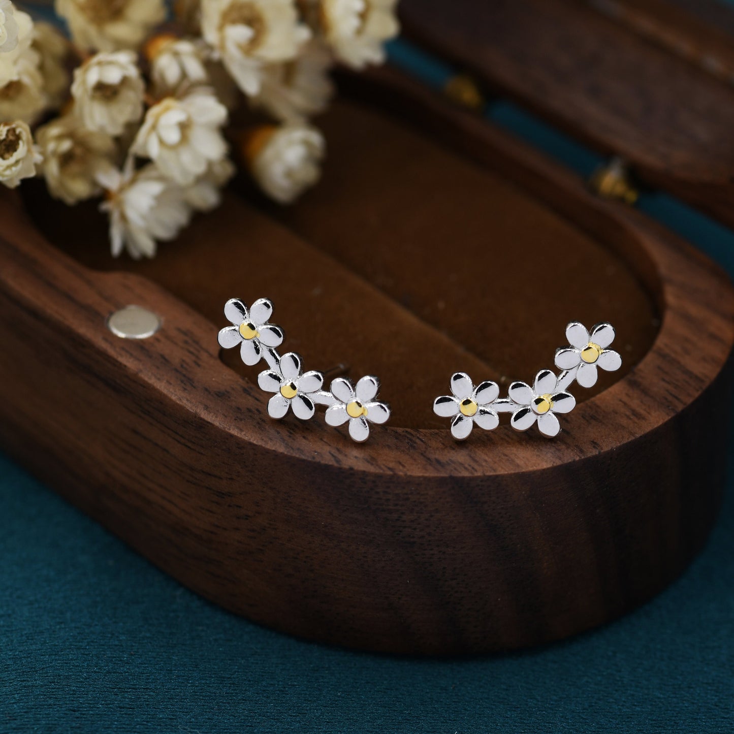 Forget-me-not Flower Stud Earrings in Sterling Silver, Three Flower Bouquet Earrings, Triple Daisy Flower Cluster Earrings