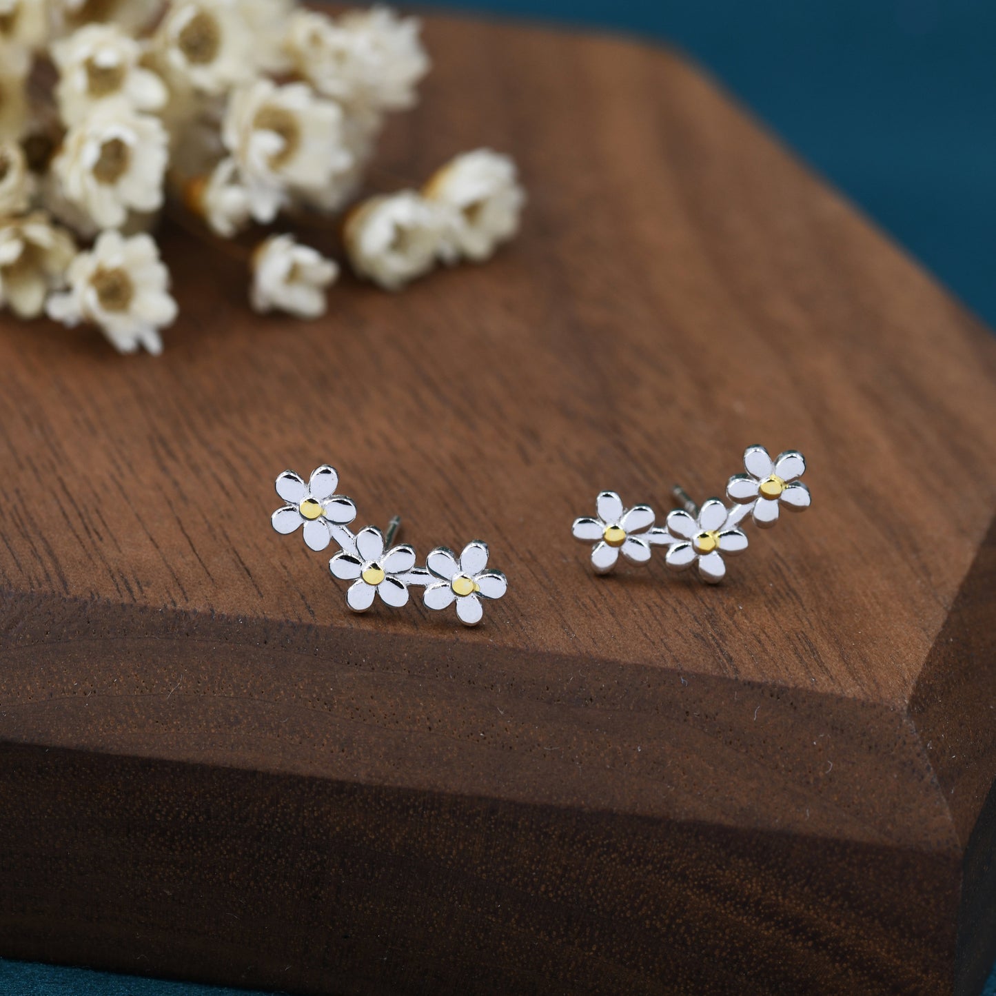 Forget-me-not Flower Stud Earrings in Sterling Silver, Three Flower Bouquet Earrings, Triple Daisy Flower Cluster Earrings