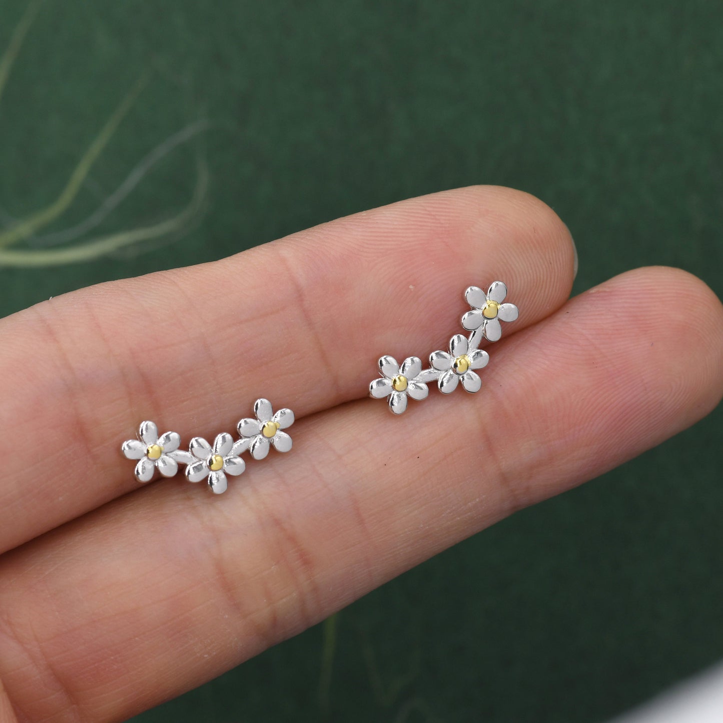 Forget-me-not Flower Stud Earrings in Sterling Silver, Three Flower Bouquet Earrings, Triple Daisy Flower Cluster Earrings