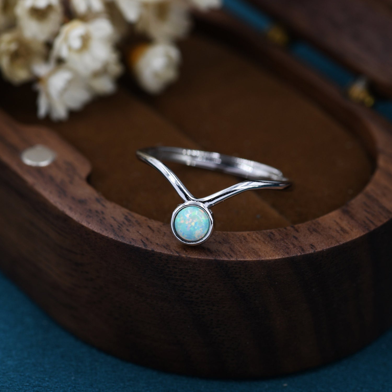 Minimalist Aqua Green Opal V Ring in Sterling Silver, 4mm Bezel Set Lab Opal Ring, Adjustable Size Chevron Ring, Simulated Blue Opal Ring