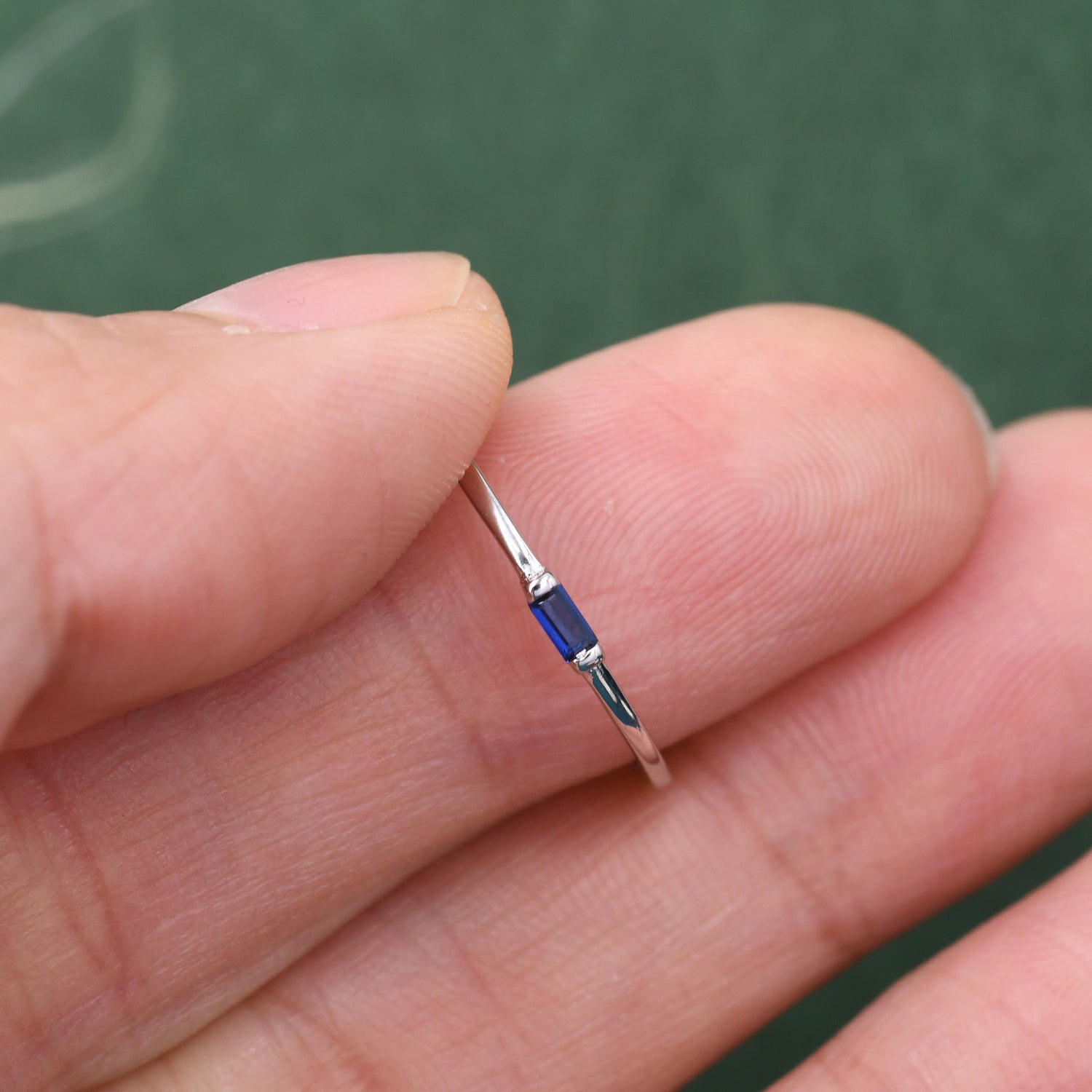 Sapphire Blue Tiny Baguette CZ Ring in Sterling Silver, Silver or Gold, Minimalist 2x4mm Single Baguette CZ Ring US 5 - 8